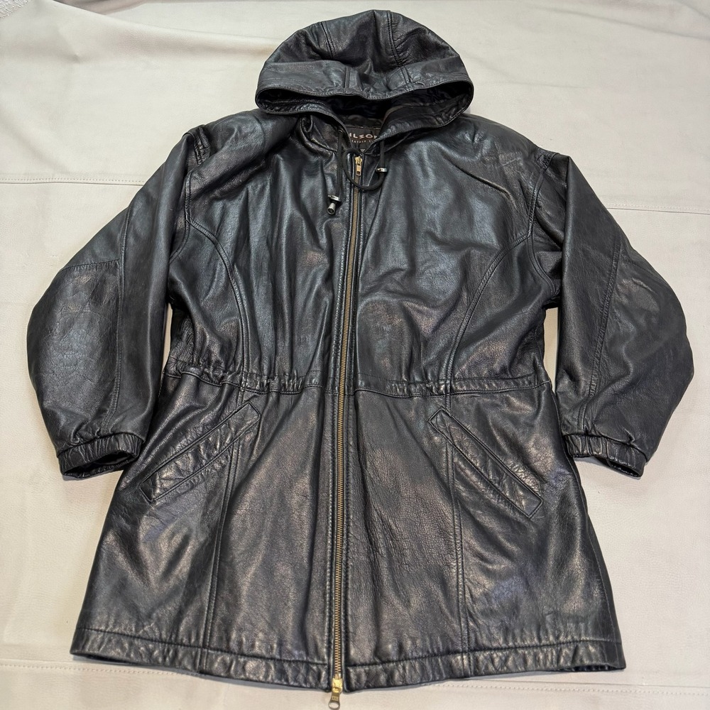 Wilson Leather Black Hoodie Zip Jacket Over‎ Coat Women Emo Grunge Cybergoth-M